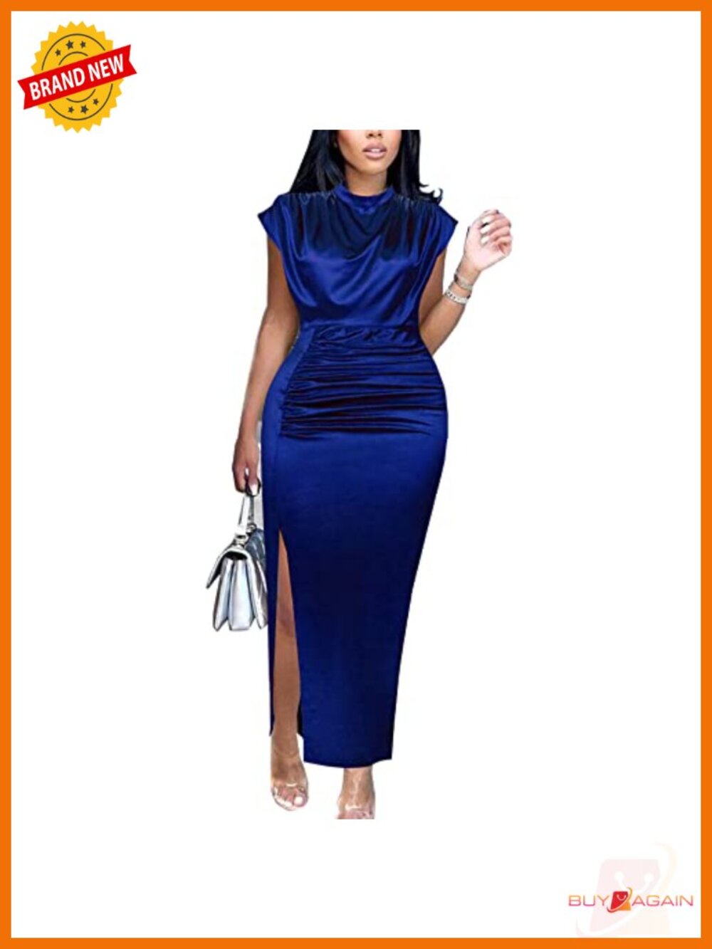 Women's Satin Mock Neck High Slit Maxi Formal Dress Sleeveless
